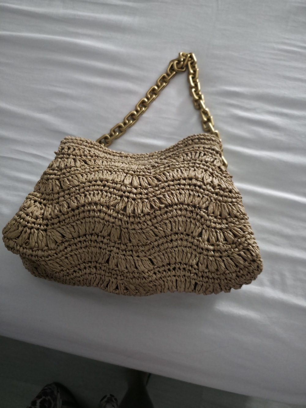 Zara Woven Raffia Shoulder Bag with Gold Chain - Tan